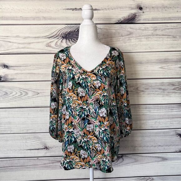 Halogen Tropical Floral Leaf Patterned V Neck Blouse - Picture 1 of 9